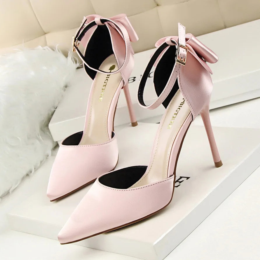 Pointed Toe Satin Bow Heels