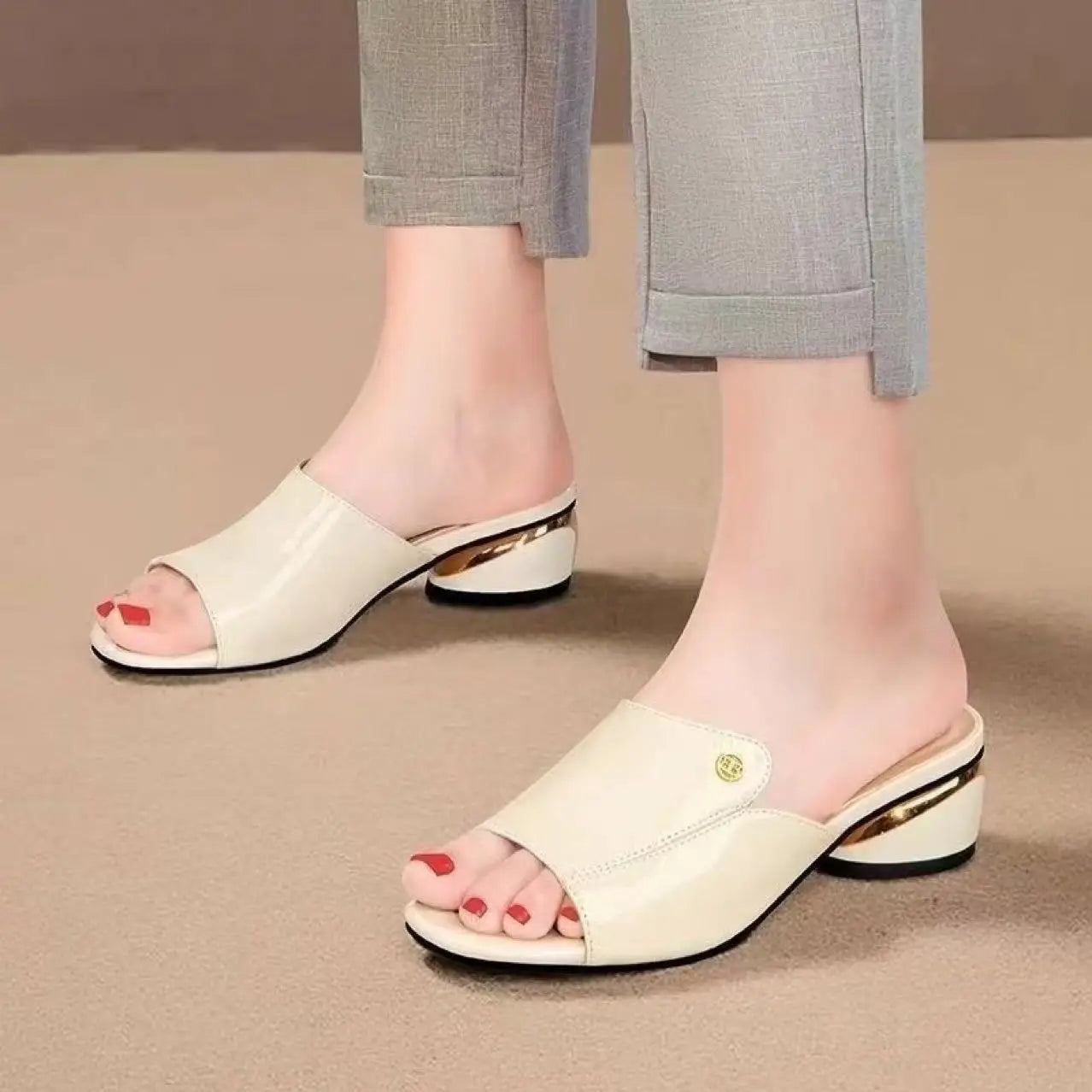 Red Soft Leather Comfortable Square Heel Sandals