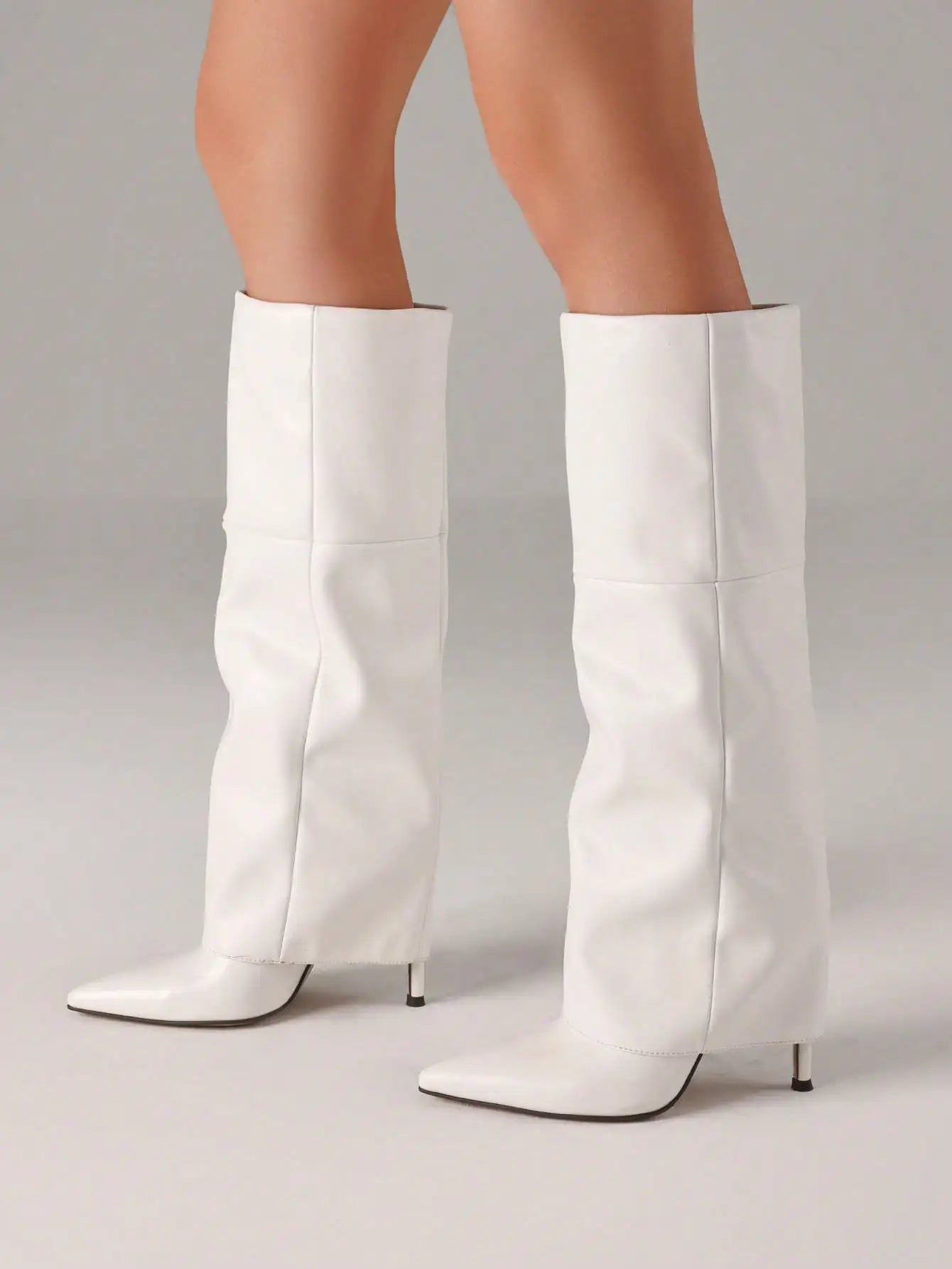 White Fold-Over Shark Stiletto Boots