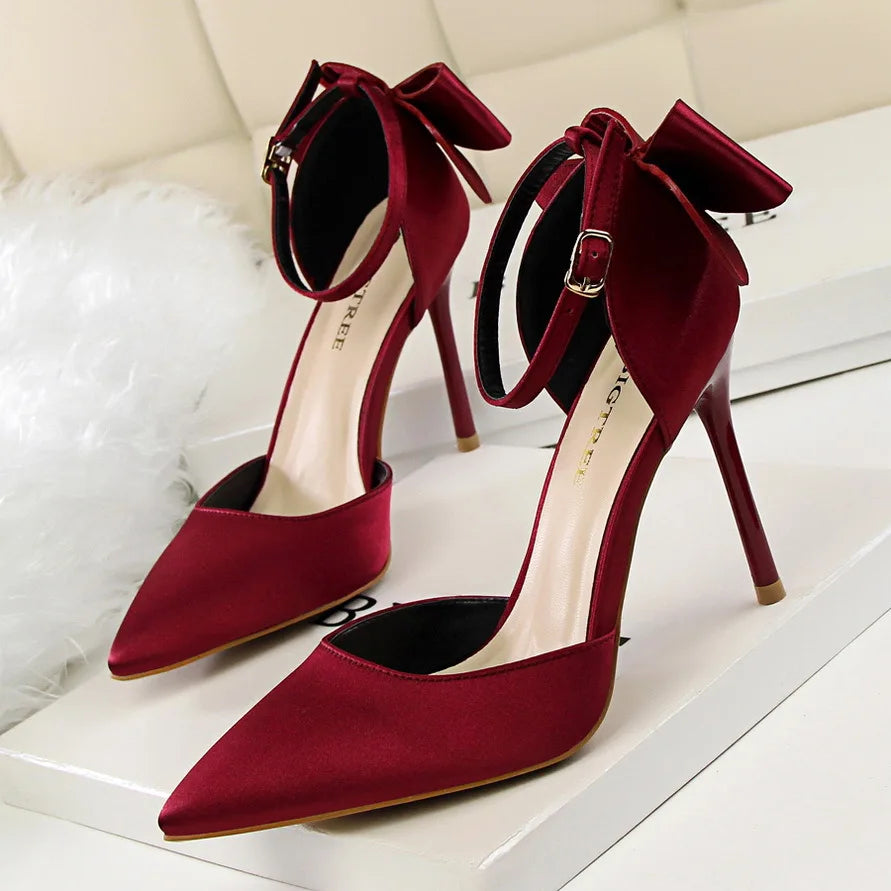 Pointed Toe Satin Bow Heels