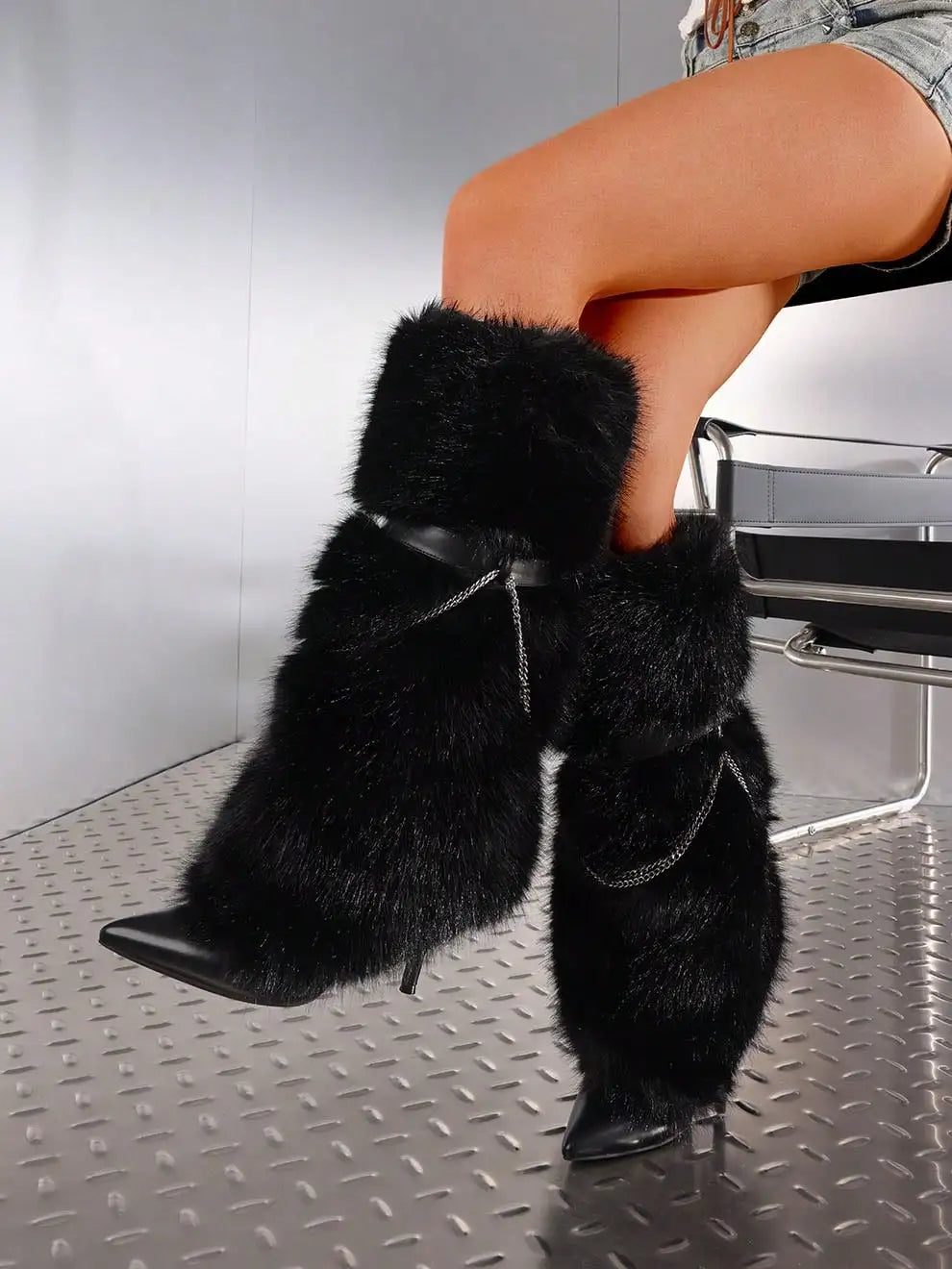 Fuzzy Faux Fur Pointed Toe Stiletto Boots