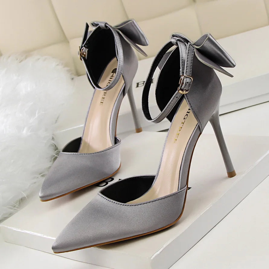 Pointed Toe Satin Bow Heels
