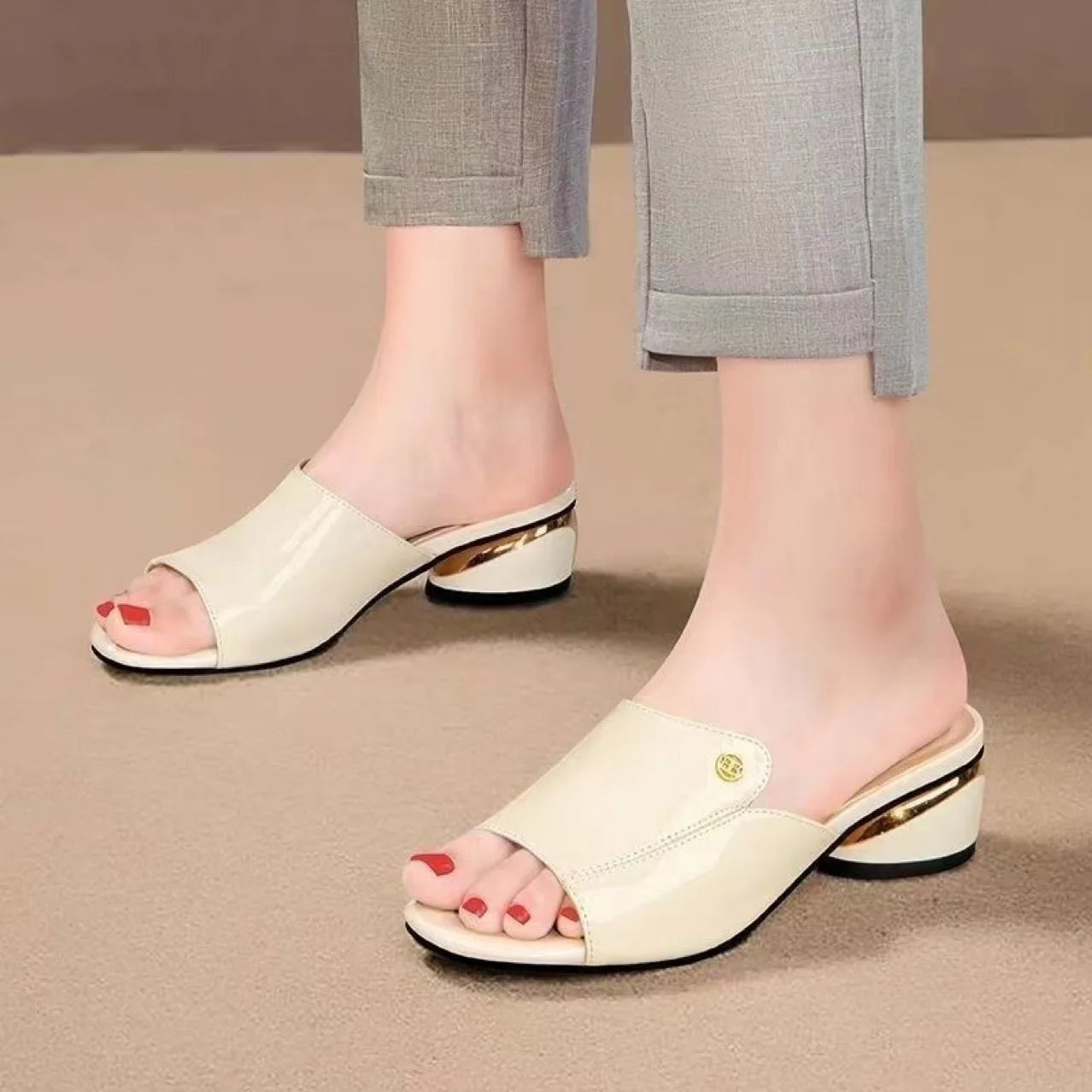 Red Soft Leather Comfortable Square Heel Sandals