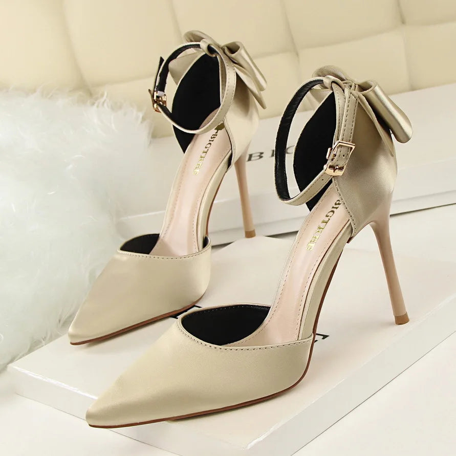 Pointed Toe Satin Bow Heels