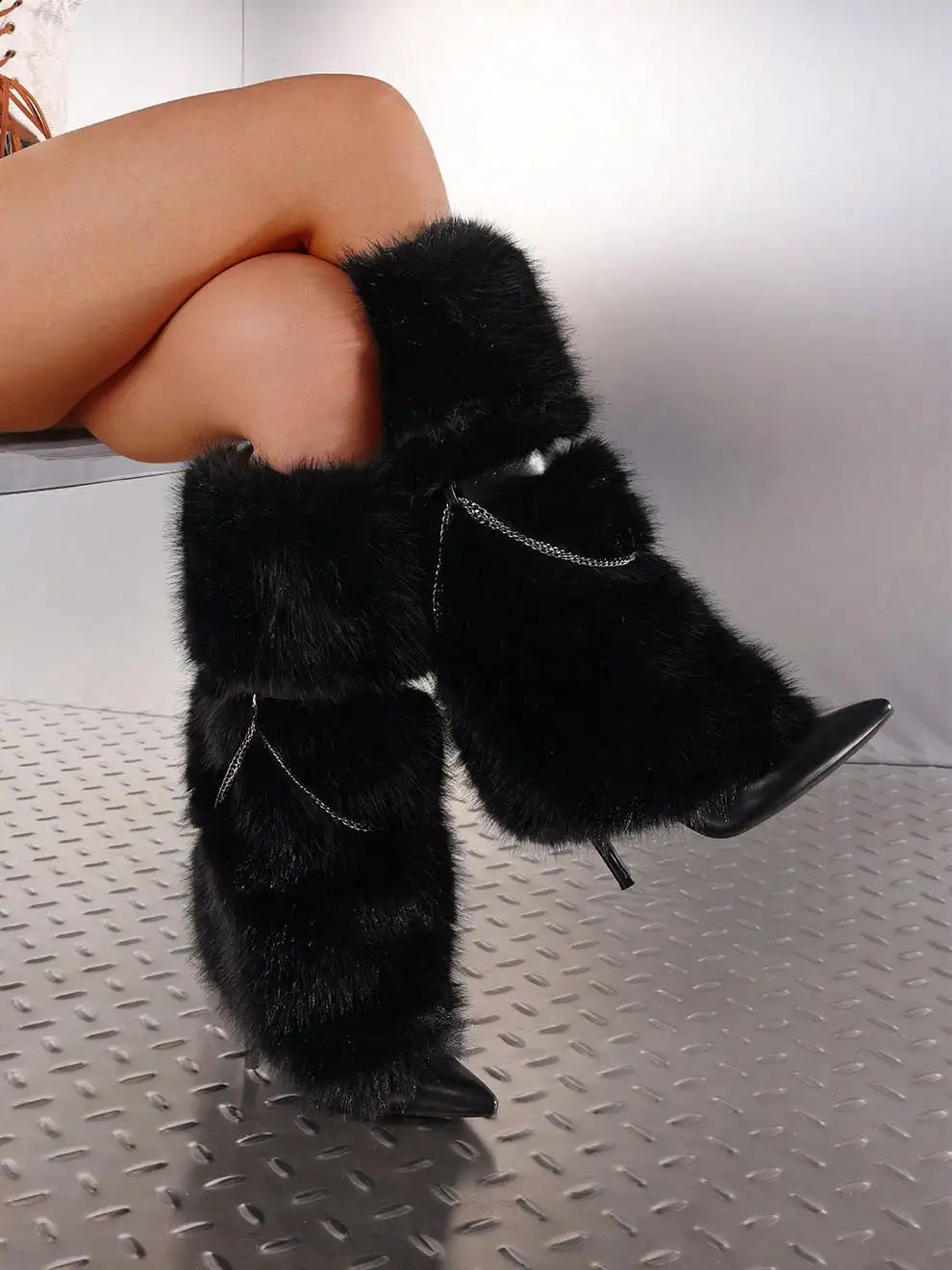 Fuzzy Faux Fur Pointed Toe Stiletto Boots
