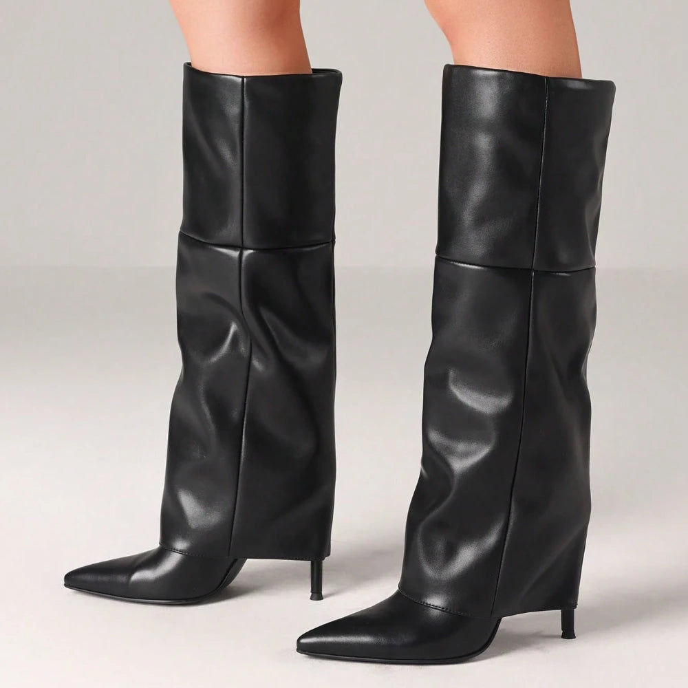 White Fold-Over Shark Stiletto Boots
