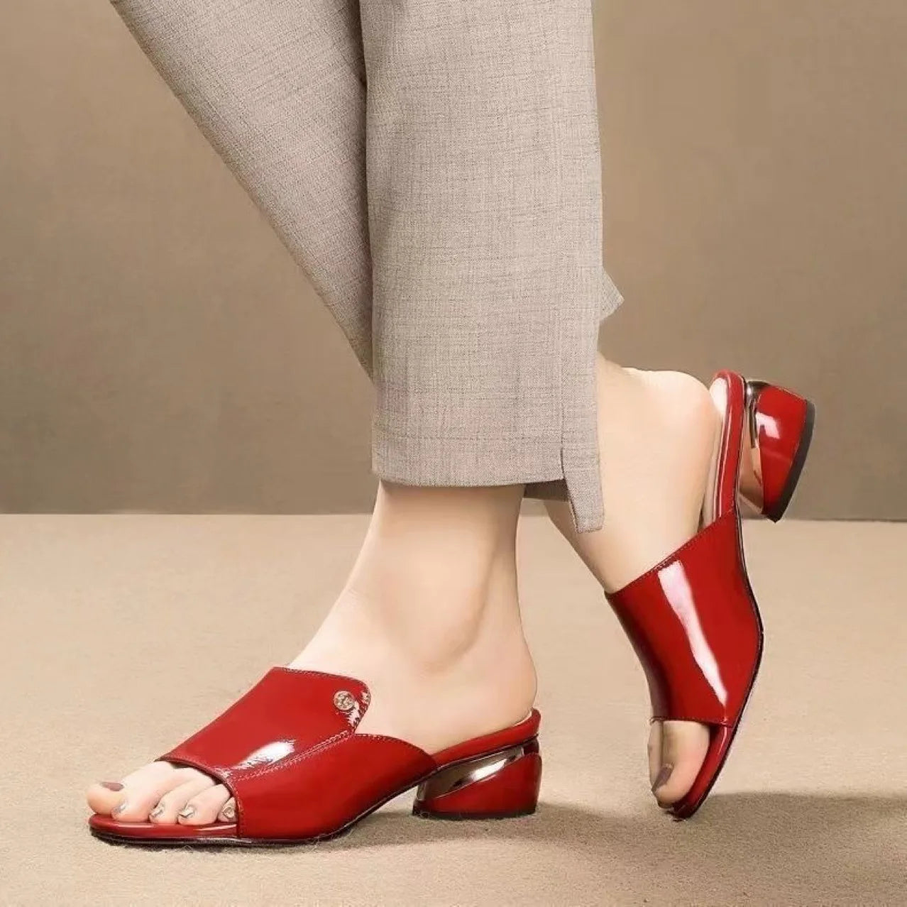 Red Soft Leather Comfortable Square Heel Sandals