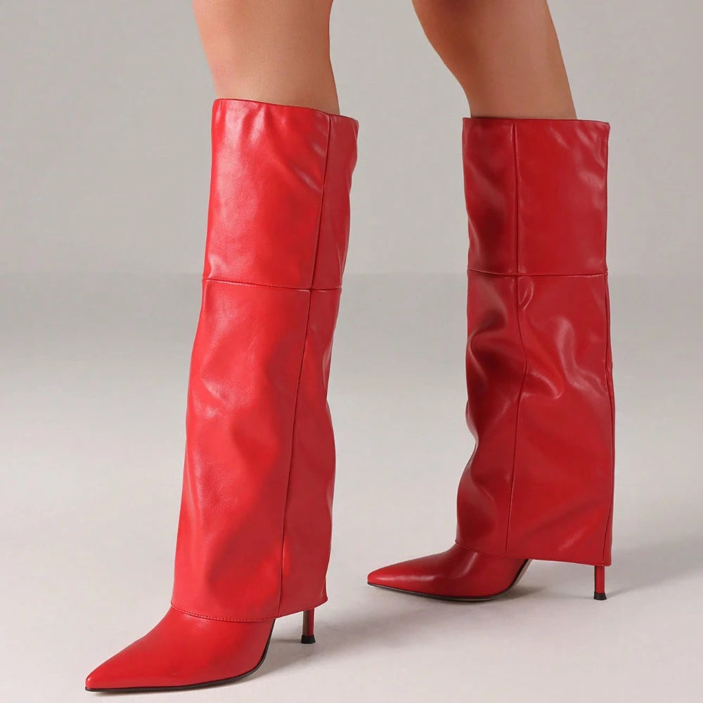 White Fold-Over Shark Stiletto Boots