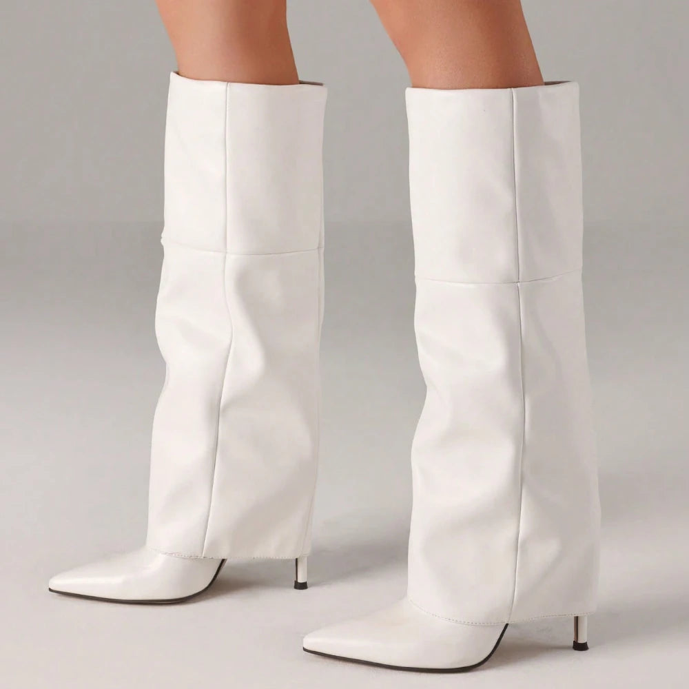 White Fold-Over Shark Stiletto Boots