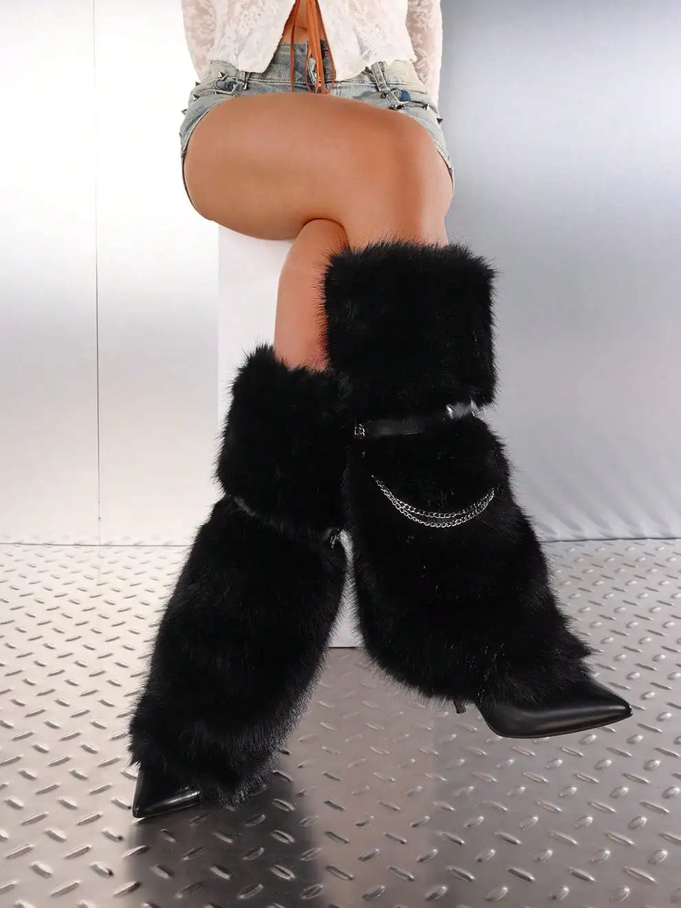 Fuzzy Faux Fur Pointed Toe Stiletto Boots