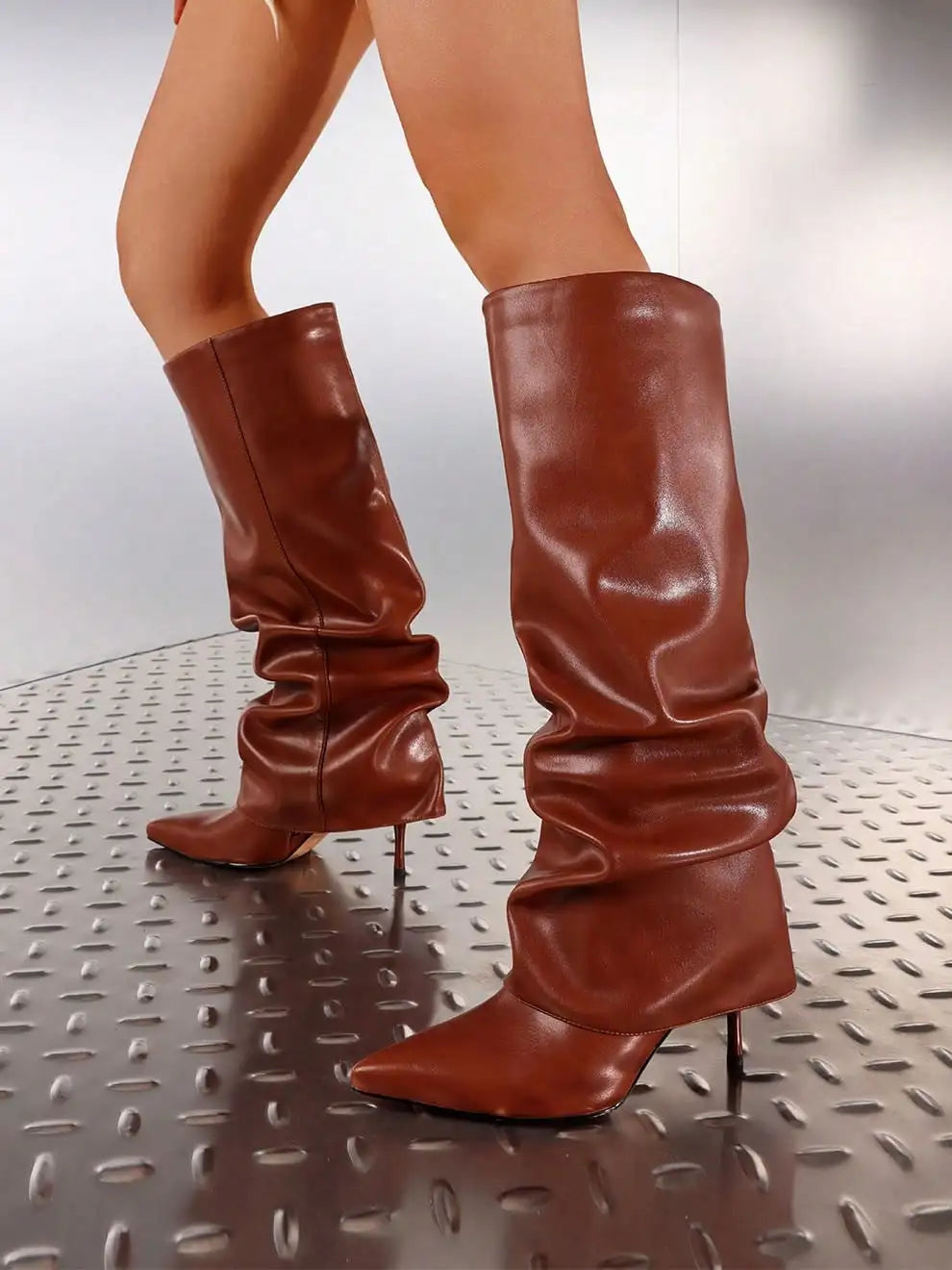 Slouchy Shark Fold-Over Stiletto Boots