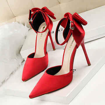 Pointed Toe Satin Bow Heels