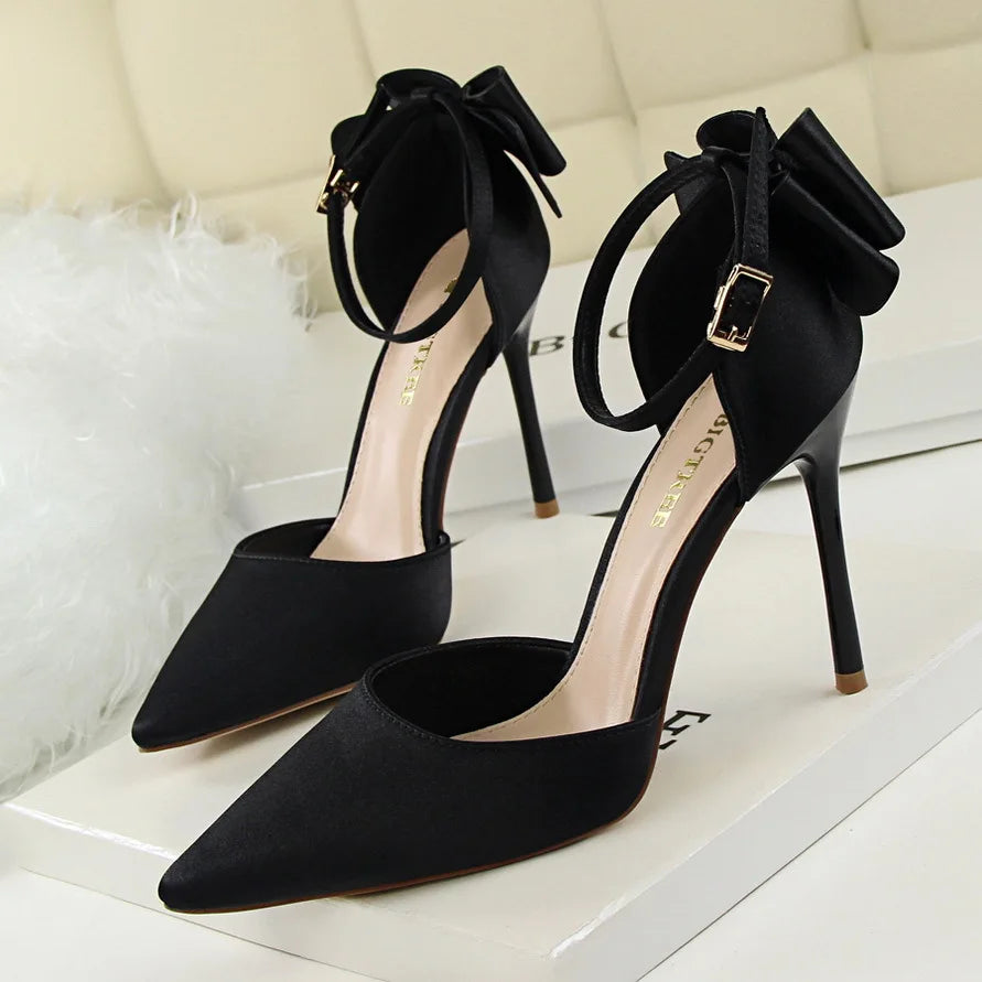 Pointed Toe Satin Bow Heels