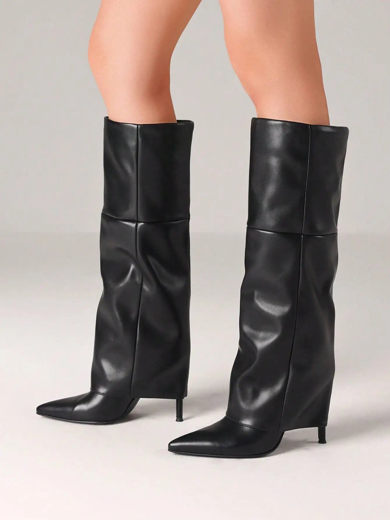White Fold-Over Shark Stiletto Boots