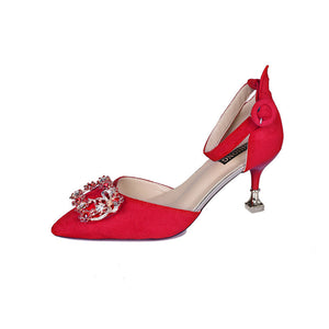 Pointed Toe Hollow Stiletto High-heeled Shoes With Rhinestone Square Buckle Red Bridal Shoes