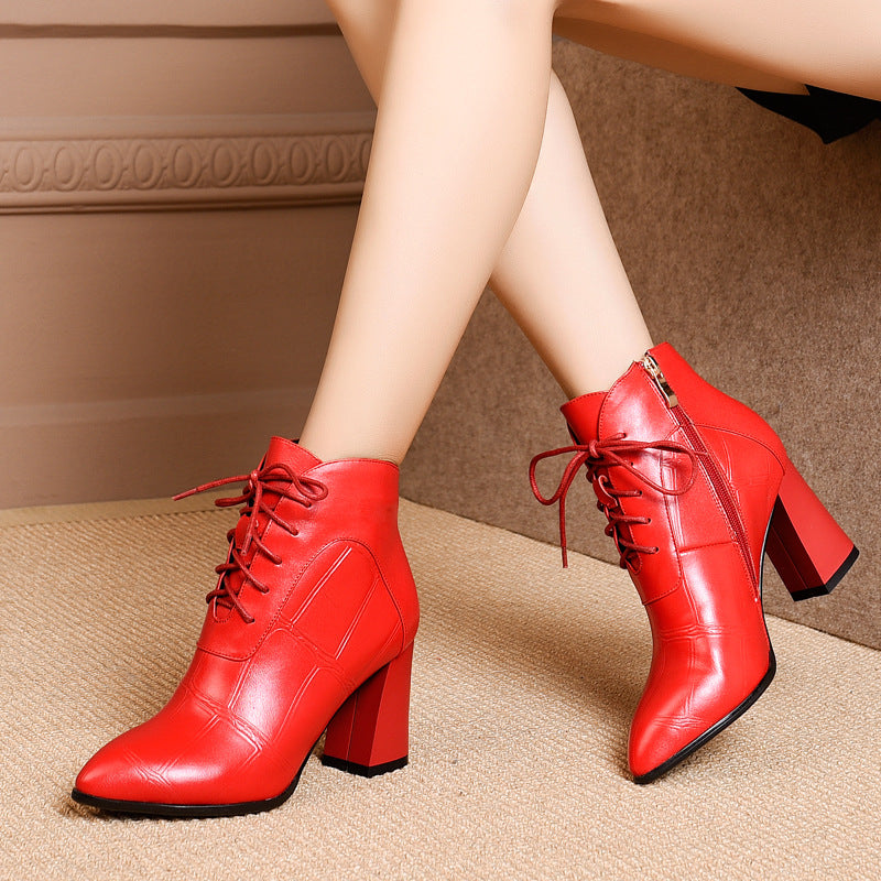 All-match thick heel leather boots high heel boots women
