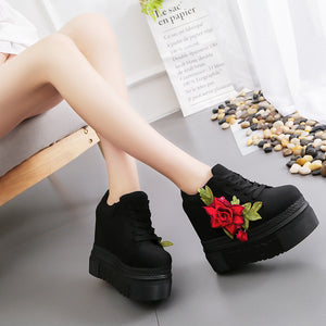 Fashion Women Shoes Female Embroidered Rose Climbing Shoes Ladies 12cm High Heels Thick Bottom Shoes