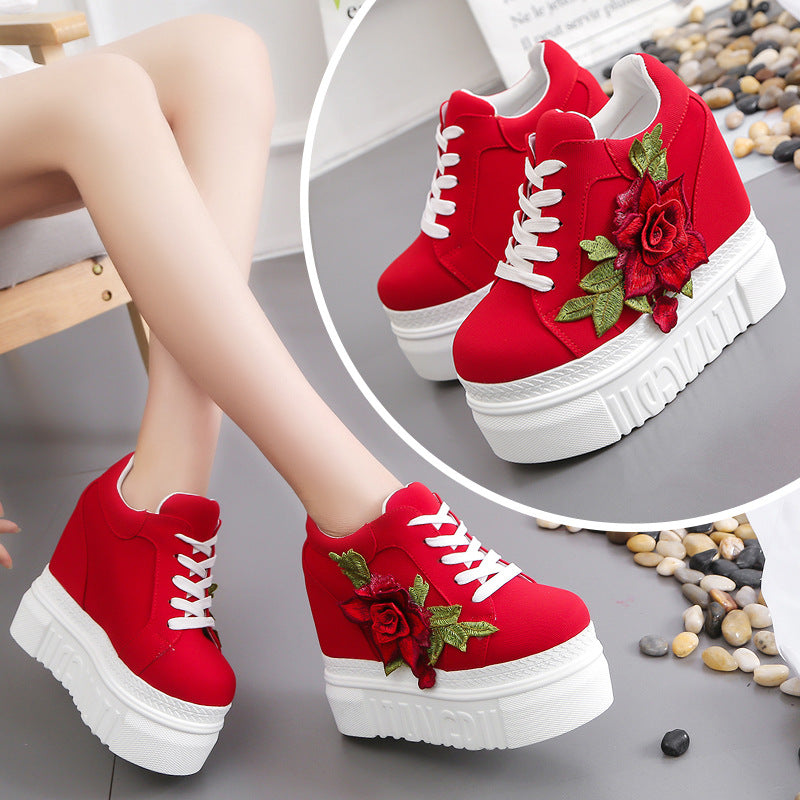 Fashion Women Shoes Female Embroidered Rose Climbing Shoes Ladies 12cm High Heels Thick Bottom Shoes