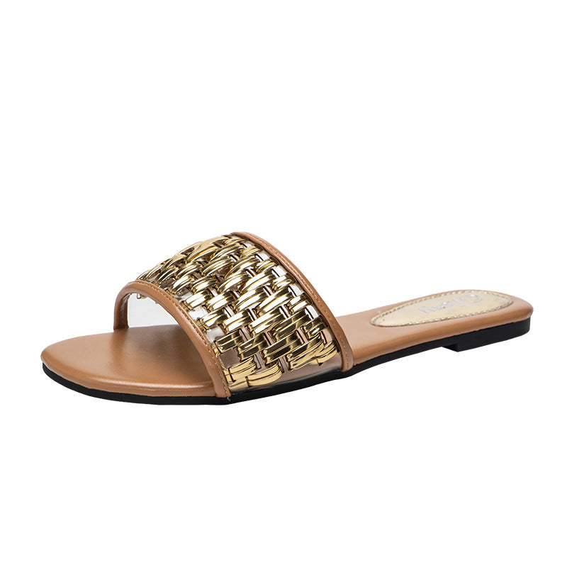 Casual Flat Sandals And Slippers Women's Gold Braided Belt Women's Sandals